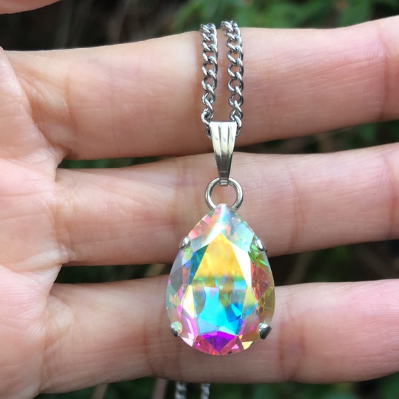 Aurora Borealis Pear Crystal Necklace - Picture 9 of 10